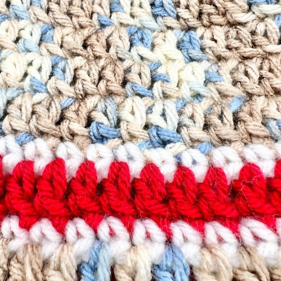 Crochet Hat Blues Browns Red with Ear Flaps and Ties and Pom Pom - Picture 3 of 9